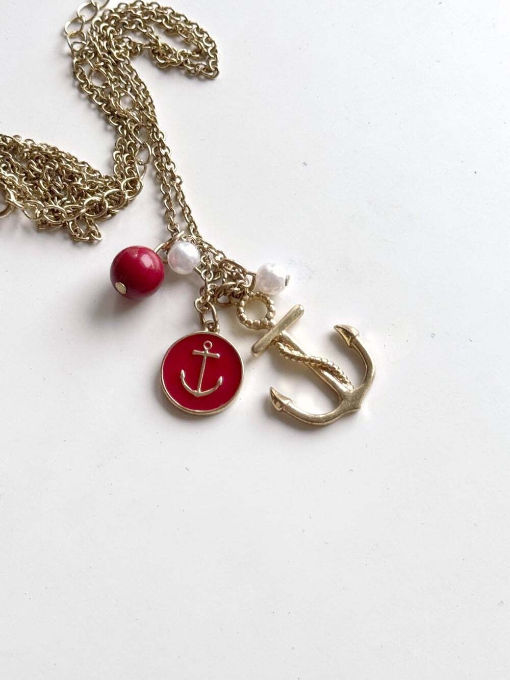 Unbranded Gold Tone Anchor Red Pendant Beaded Charm Chain Long Opera Necklace